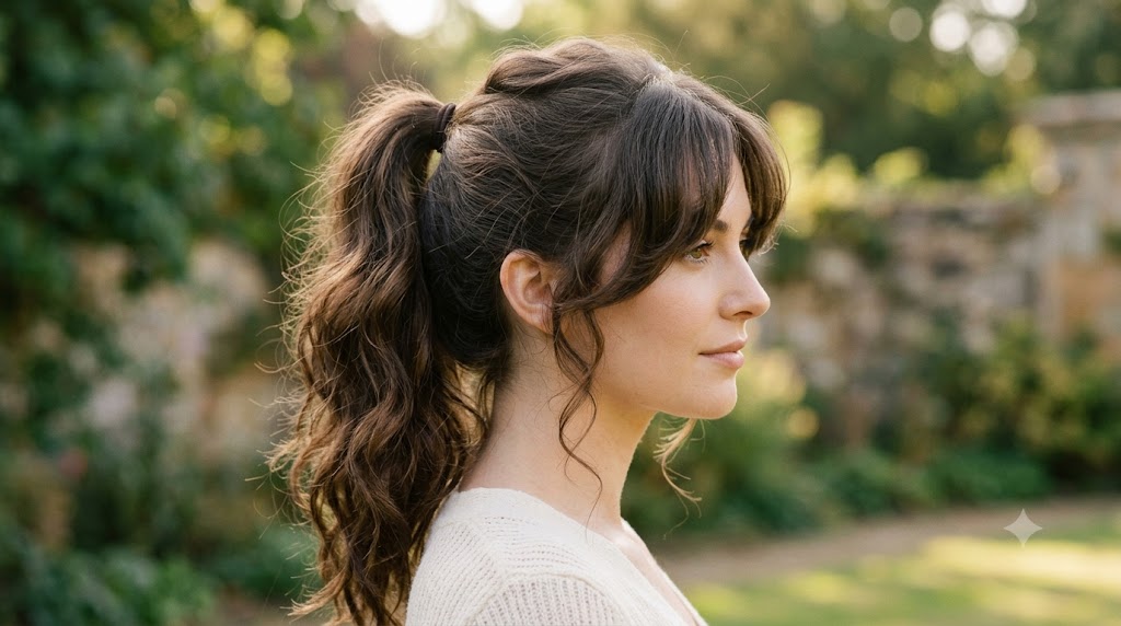 Soft Wavy Ponytail with Flattering Curtain Bangs